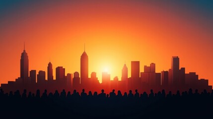 Obraz premium Silhouette of City Skyline at Sunset with Group of People Watching the Dazzling Orange and Blue Sky