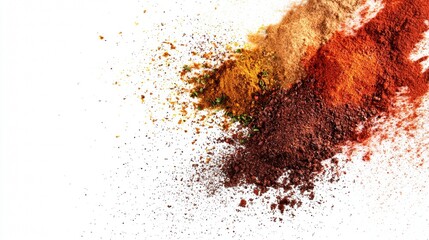 Vibrant spices scattered on a white background showcasing their rich colors and textures
