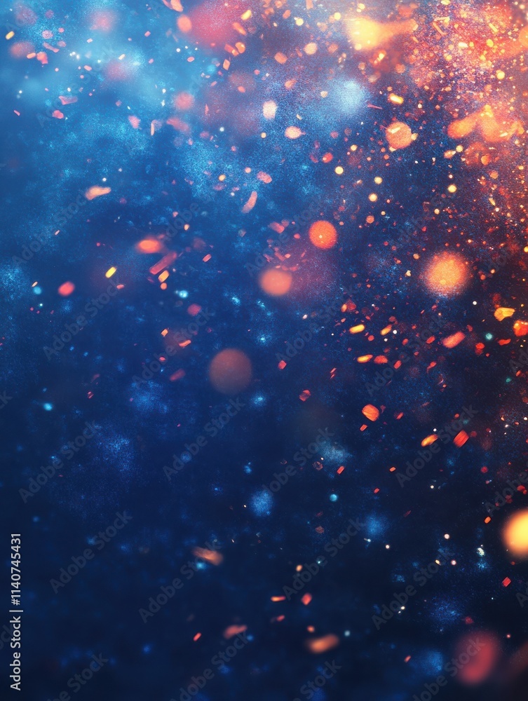 Poster fireworks colorful explosions on blue, festive background with copy space