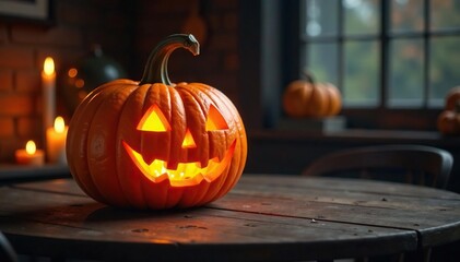 Obraz premium Carved jack-o-lantern sits on a creaky wooden table, candlelight glow, autumn decor, eerie ambiance