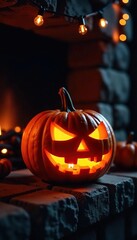 Fototapeta premium Carved pumpkin with eerie glow on darkened fireplace mantel, fireplace decor, candlelight