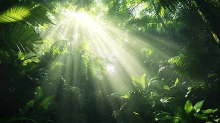 Serene sunlight beams penetrate the lush green canopy of a vibrant rainforest.