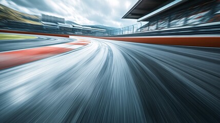Fototapeta premium Dynamic shot capturing a racing track in motion, highlighting the sleek asphalt and blurred surroundings.