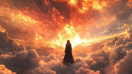 Fototapeta premium A stunning cg artwork of a woman standing in the clouds, captured in a screenshot with a breathtaking sky and outdoor setting. Seraphic. Illustration
