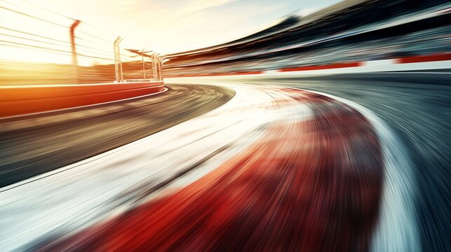 Dynamic shot of a racetrack curve, capturing thrilling motion in a vibrant sunset atmosphere.