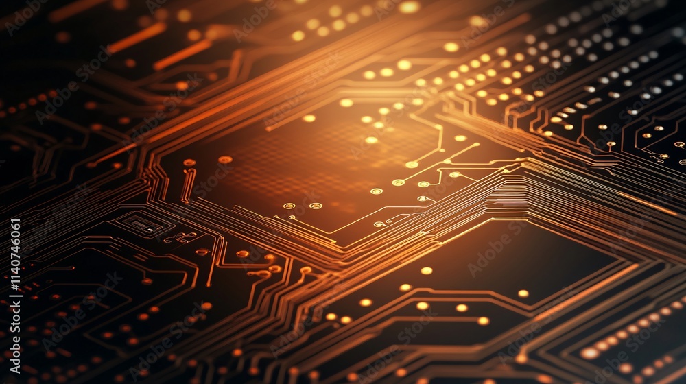 Poster close-up view of a dark printed circuit board with glowing orange traces, showcasing advanced techno