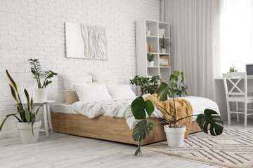 Interior of light bedroom with green plants and shelf unit