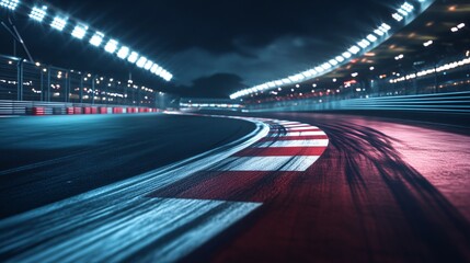 A dramatic shot of a racetrack at night, showcasing vibrant lights and tire marks on the asphalt.