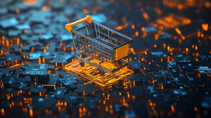 Shopping cart on glowing puzzle pieces, depicting online shopping and digital commerce.