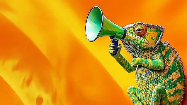 A vibrant chameleon holds a green megaphone against a vivid orange backdrop, symbolizing communication and adaptability in a dynamic setting. Perfect for themes of expression and change.