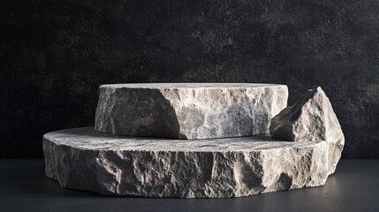 A modern display of textured stone blocks in a minimalist arrangement against a dark background.