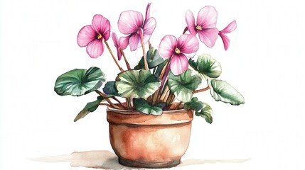 Naklejka premium Beautiful pink flowers in a terracotta pot with vibrant green leaves showcase a lovely indoor plant arrangement