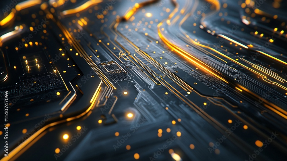 Poster abstract close-up of glowing circuit board elements in a modern technology setting.
