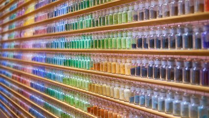 Colorful plastic bottles for cosmetic products on the shelf in the store