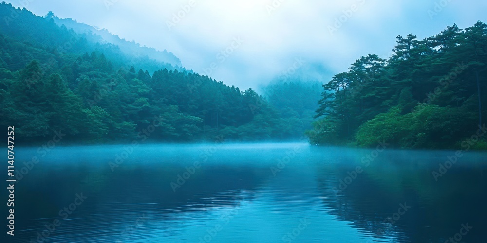 Poster body of water with trees in the background