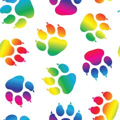 Cute Colorful ombre dog paw prints with claws on white, seamless vector pattern background scrapbook