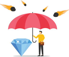 Diamond under umbrella. Business income protection. Flat modern vector illustration

