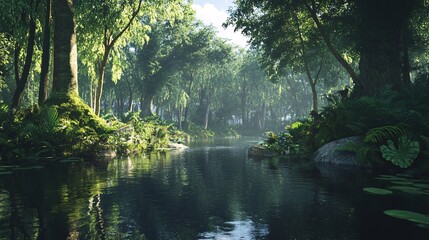 Obraz premium A serene river flowing through a lush forest, with vibrant greenery reflecting in the calm water.