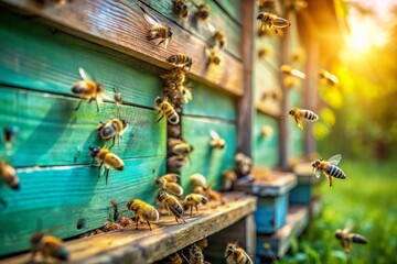 Obraz premium Tilt-Shift Beehive Entrance: Close-Up Macro Photography of Honeybees