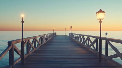 Obraz premium A serene wooden pier at twilight, lined with glowing lanterns, leading into calm water under a pastel sky.
