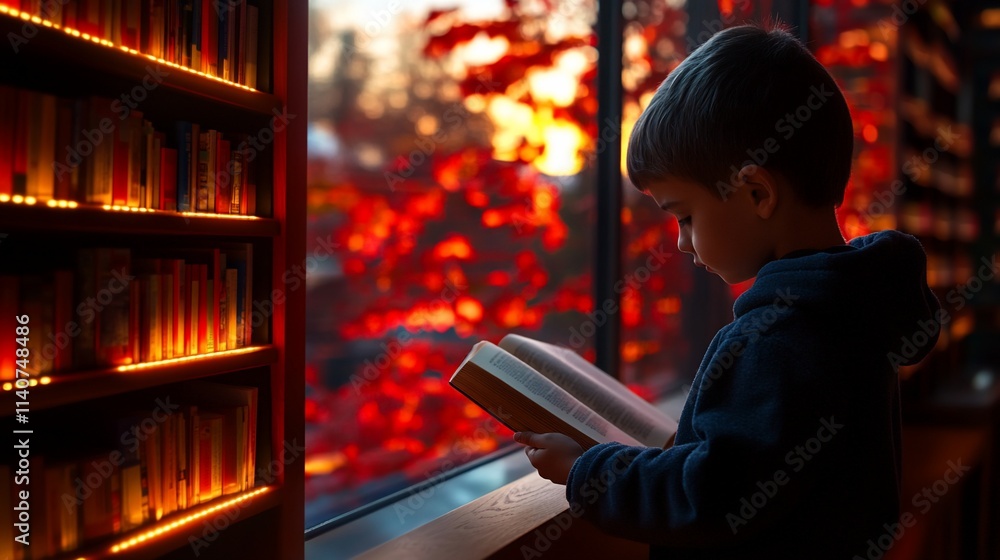 Poster young boy reading book by window in library with autumn leaves view.