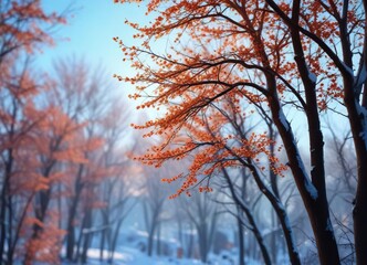 Obraz premium Bokeh blurred winter trees against a bright blue sky, blue sky, frosty foliage, blurred background