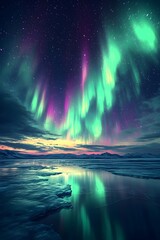 A stunning view of the northern lights illuminating the night sky with vibrant green and purple hues over a still icy lake, creating a serene and magical atmosphere.
