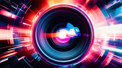 Camera lens with a red and blue background