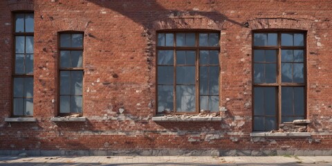 Brick building facade with broken or missing windows, abandoned buildings, architectural features