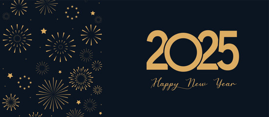 Happy New Year 2025 beautiful sparkling design Gold fireworks celebration border, holiday banner, 