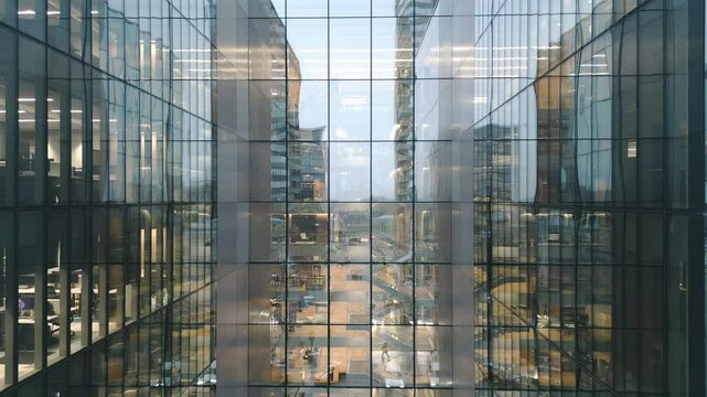 Aerial view of Windows in a high-rise office building early morning with interior lights glowing. Corporate offices.Night view Skyscraper with night lights and empty offices