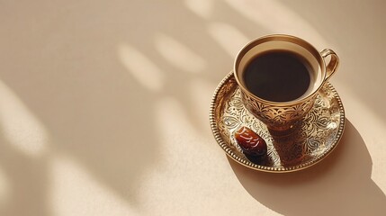 A cup of Turkish coffee served in an intricately patterned copper cup, dates on a small brass plate, minimalist arrangement on a muted beige background. top down