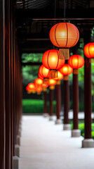 Traditional red lanterns adorning asian temple corridor at dusk