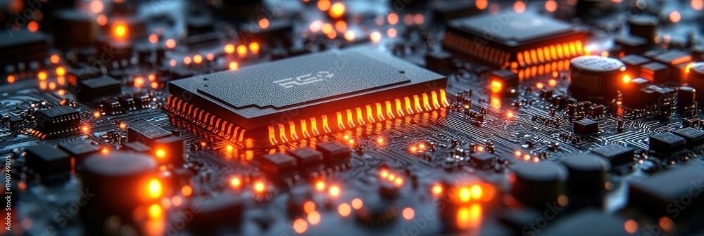 Poster a close-up view of a circuit board with glowing components, illustrating technology and design.