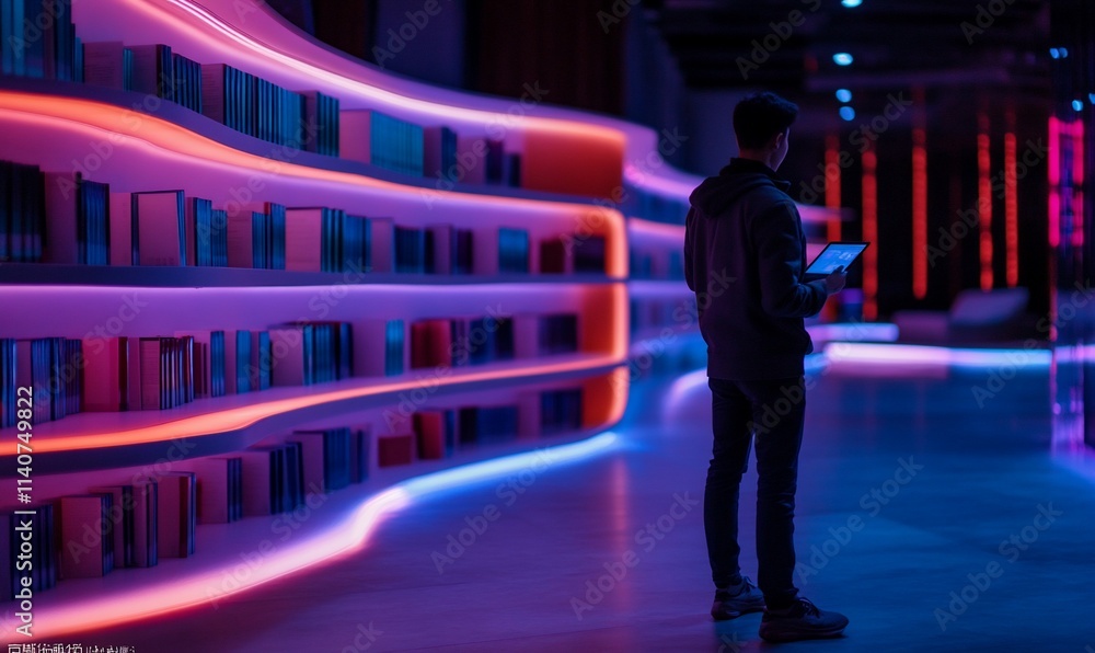 Aufkleber man using tablet in a futuristic library with vibrant neon lighting and bookshelves.
