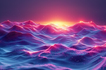 A blue ocean with pink waves and a sun in the sky