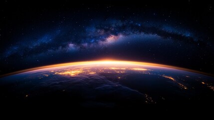 Obraz premium Earthrise over dark planet with Milky Way galaxy.