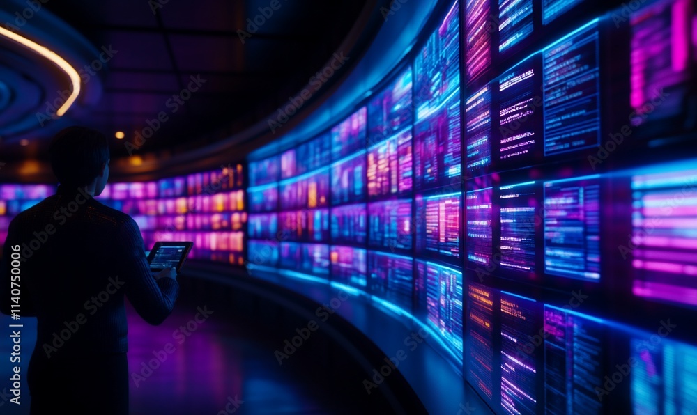 Poster man reviewing data on large digital screen wall.