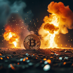 Crypto currency market, gold bitcoin in front of a cinematic explosion, crypto boom, digital investment, finance, crypto, bitcoin hype, market boom, high bitcoin price, all time high, market peak