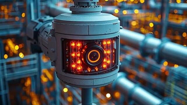 Close-up view of advanced surveillance camera in a bustling industrial facility at night