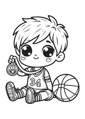 Coloring page boy hold trophy basket ball