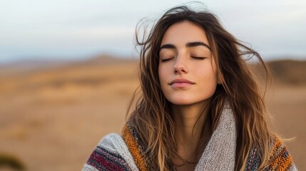 Fototapeta premium A woman with closed eyes and a relaxed expression enjoys a serene moment in a vast, sunlit desert landscape, embodying peace and introspective tranquility.