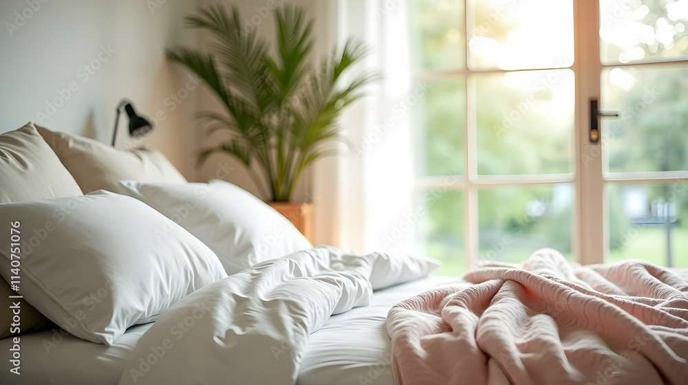 Poster sunlight streams through the window, illuminating a neatly made bed with soft, white pillows and a d