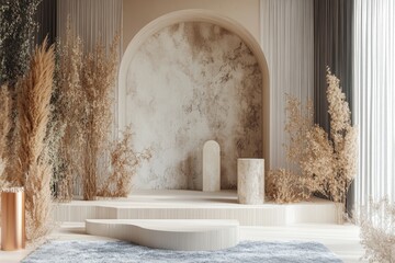 Elegant Minimalist Room Setup with Wooden Platforms and Dried Flowers. 3D Renderer Digital Backdrop.