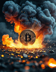 Crypto currency market, gold bitcoin in front of a cinematic explosion, crypto boom, digital investment, finance, crypto, bitcoin hype, market boom, high bitcoin price, all time high, market peak