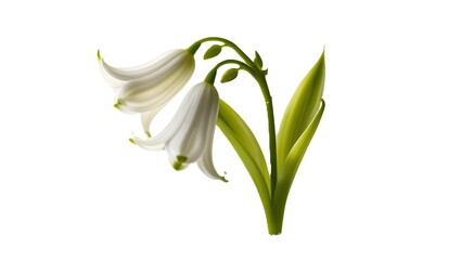 A delicate lily of the valley flower, isolated on a white background. The image emphasizes the flower's soft white petals and green stems