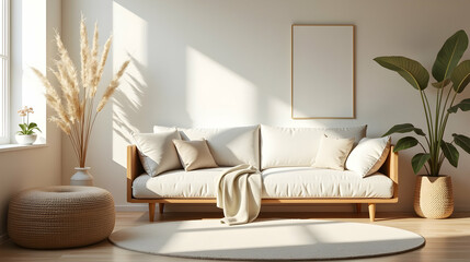 Serene living room bathed in sunlight, featuring a cozy sofa, pampas grass, and a minimalist aesthetic. Perfect for relaxation!