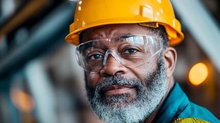 Focused portrait of a mature engineer wearing a yellow hard hat and protective goggles, embodying professionalism, safety, and dedication to work in an industrial setting.