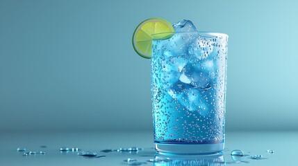 Conceptual image blue soda sparkling fizzy drink with lime and ice cubes in dewy glass, blue cold background
