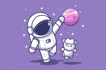 cute astronaut with Liama alpaca ,Cartoon Vector Icon Illustration,Flat Cartoon Style